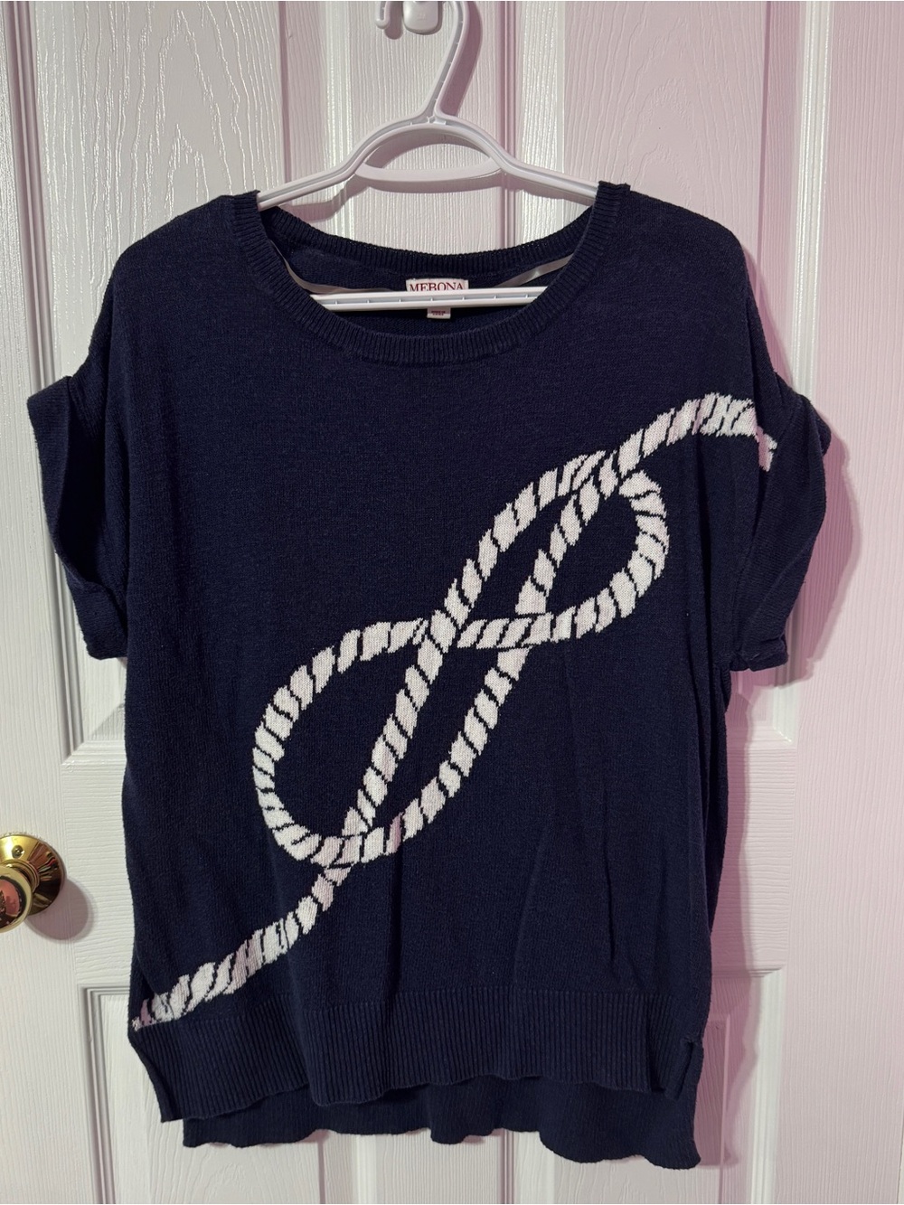 Merona Navy Short Sleeve Knit Top with White Rope Motif